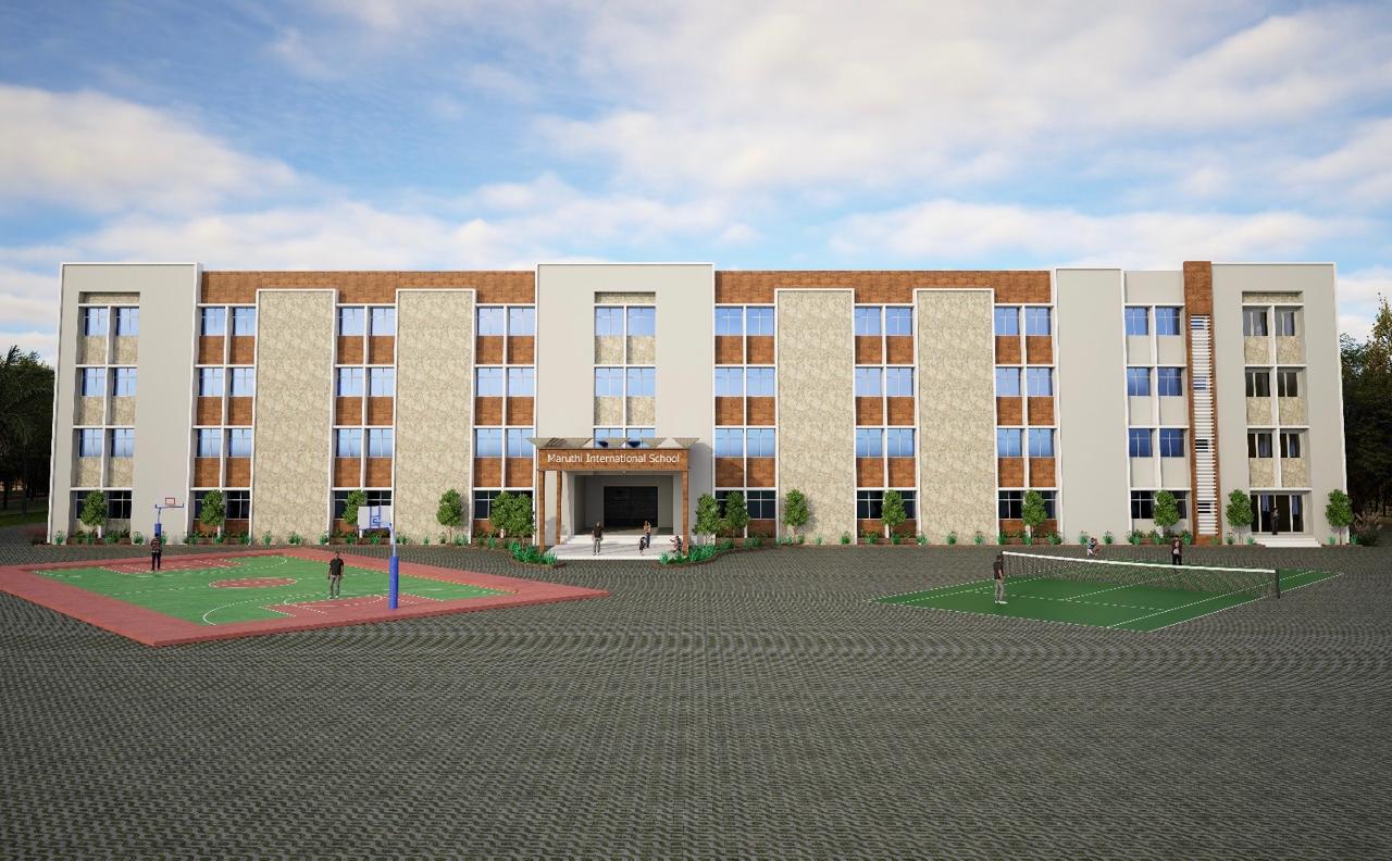 Maruthi International School campus building with sports courts